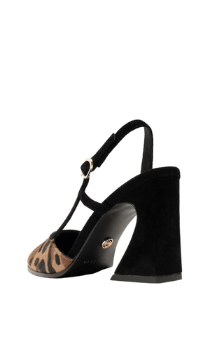 Cecelia New York Sophia Heel in Black and Leopard with leopard pony hair toe, black suede trim, slingback strap, and sculptural heel.