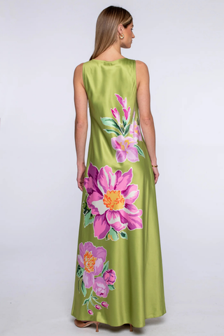 Green floral satin maxi dress with scoop neckline by Elizabeth James