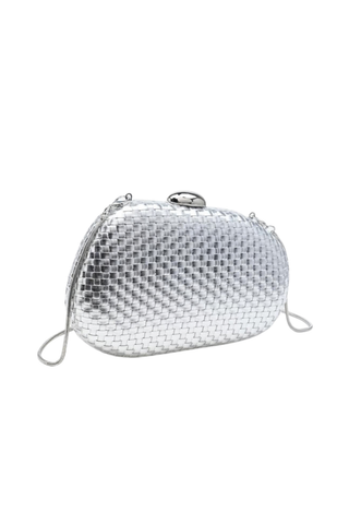 Urban Expressions King Evening Bag in Silver featuring a woven metallic oval silhouette, polished top clasp, and slender chain strap.