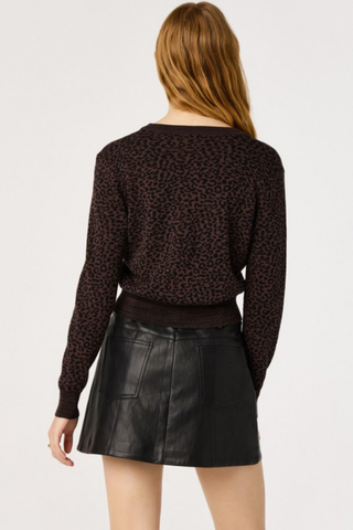 ASTR Nikki Cardigan in Espresso Leopard featuring a brown leopard print, round neckline, button front, and long sleeves.