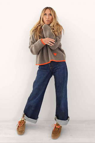 Kerri Rosenthal Marley Cashmere Sweater in Country Mist featuring a relaxed taupe cashmere knit with contrast trim and heart detail.
