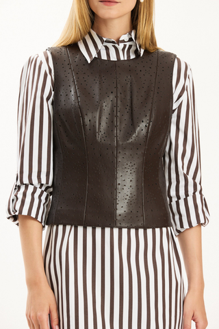 Brown punched vegan leather vest with ribbed knit back and tailored silhouette.