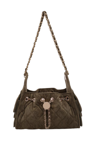 Urban Expressions Royalty Shoulder Bag in Olive featuring quilted faux suede, gold-tone hardware, woven shoulder strap, and drawstring closure.