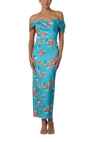 Shoshanna Calder dress in sea blue multi with off the shoulder neckline and floral print