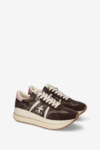 Premiata Beth Coin 8500 Sneaker in chocolate brown with blush accents, signature logo detailing, lace-up closure, and chunky platform sole.