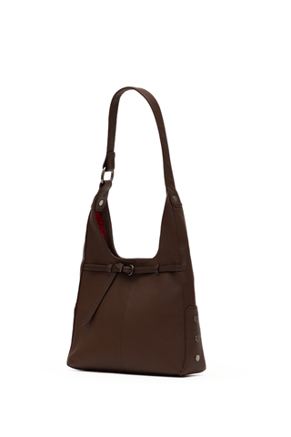 Hammitt Tim Med Handbag in Belted Espresso featuring dark brown pebbled leather, a soft hobo silhouette, belt detail, and gunmetal hardware.