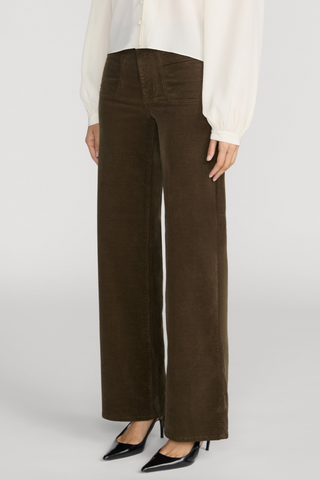 FRAME Le Slim Palazzo Corduroy pants in Rich Military olive featuring a high rise, front patch pockets, and full-length wide-leg silhouette.