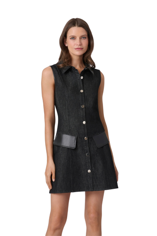 Shoshanna Jennings Dress in Jet featuring black mixed-media denim and faux leather, a collared neckline, button front, and patch pockets.