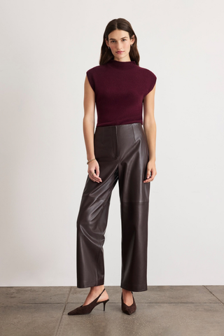 Tanya Taylor Adrien Cashmere Turtleneck in Blackberry featuring a fitted sleeveless-style silhouette with cap sleeves and a refined mock neckline.