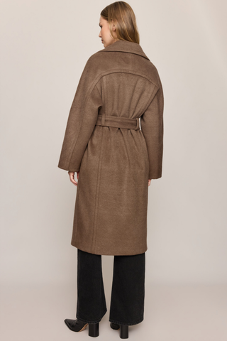 Z Supply Nola Belted Coat in Smoked Pewter featuring a long wool-blend silhouette, oversized notched collar, self-tie waist belt, and welt pockets.