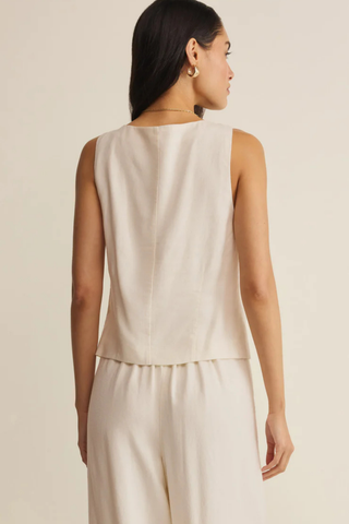 Z Supply Roman Linen Vest in Cloud featuring a sleeveless silhouette, button-front detail, and lightweight washed linen blend fabric