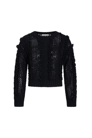 Marie Oliver Lindsay Sweater in Black featuring open-knit detailing, sculptural ruffles, and a classic crew neckline.