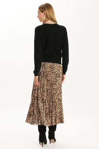 Tyler Boe Cara Animal Print Skirt in Multi featuring a pleated leopard print midi silhouette with subtle metallic detailing.
