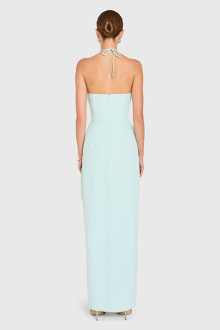 Amanda Uprichard Alessandra Maxi Dress in celadon green with halter neckline, ruffle details, and front slit