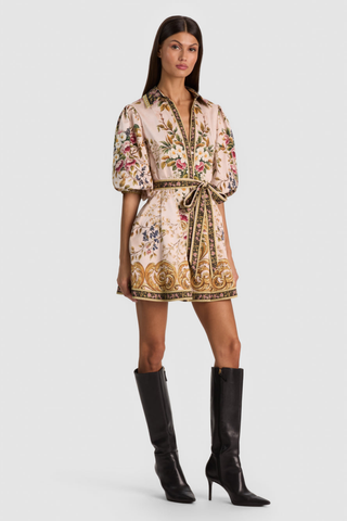 Alice + Olivia Lucy Mini Shirt Dress in True Grandeur featuring a colorful floral and paisley-inspired print, collared neckline, blouson sleeves, and adjustable tie waist.