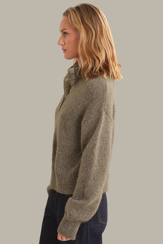 525 America Boxy Henley Sweater in Mushroom Melange with long sleeves, partial snap-front neckline, stand collar, and relaxed boxy fit.