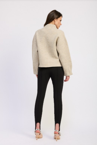 Taupe Palazzo Cardigan with high neckline, long sleeves, and relaxed overlapping front.