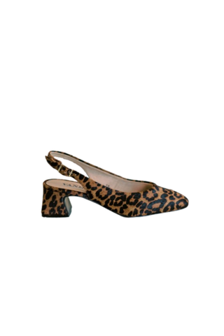 Vaneli Darsy Heel in Brown and Black leopard print with a pointed toe, slingback strap, and low block heel.