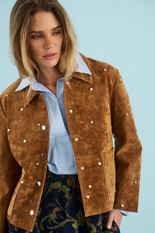 Hunter Bell Hanlin Jacket in Saddle featuring a tonal allover motif, collared neckline, button front, and cropped silhouette.