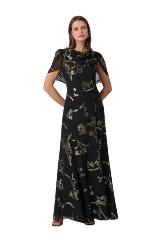 Shoshanna Annalynn Dress in Jet/Gold featuring black lurex chiffon with gold metallic detailing, a boat neckline, and draped cape overlay.