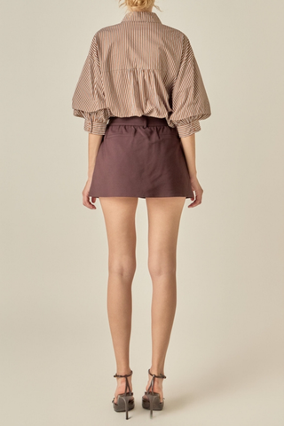 English Factory Striped Button Down Shirt in Brown featuring a classic collar, front buttons, relaxed silhouette, and voluminous balloon sleeves.