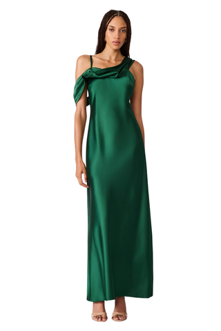 Steve Madden Analeia Dress in Winter Pine green featuring an asymmetrical off-the-shoulder neckline and floor-length fitted silhouette.