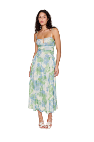 Blue and green watercolor floral midi dress with mesh overlay and fitted bodice