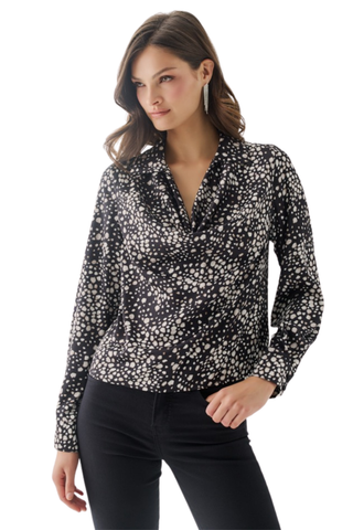 Hutch Atwell Top in Black/Ivory featuring an abstract printed fabric, collared V-neckline, long sleeves, and a relaxed silhouette.