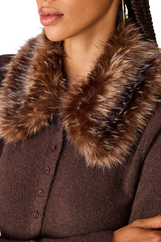 Jadie Cardigan in Dark Toffee featuring a chocolate-brown knit, statement faux fur collar, button-front closure, and fitted silhouette styled with denim.