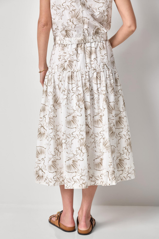 Lilla P fern print midi skirt with elastic waistband and tiered poplin design
