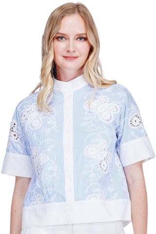 Blue striped short sleeve blouse with white butterfly embroidery and stand collar