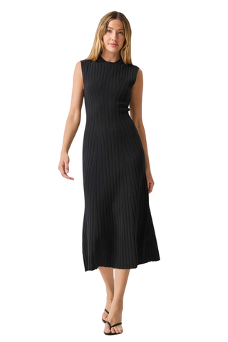 Woman wearing the Lilla P Midi Flare Dress in Black, a sleeveless ribbed knit midi dress with a flared hem.