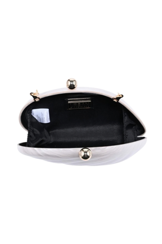 Urban Expressions Robyn Evening Bag in Ivory featuring a pearlescent marbled acrylic half-moon silhouette, gold-tone kiss-lock clasp, and detachable chain strap.