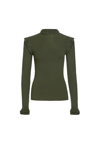 Tinley Turtleneck in Juniper Green featuring a fitted ribbed silhouette, long sleeves, and feminine ruffle trim at the neckline and shoulders.