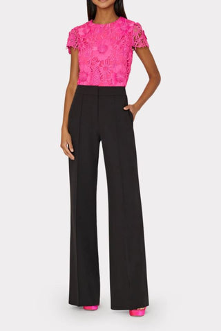 Black wide leg high rise pants in structured cady fabric by Milly