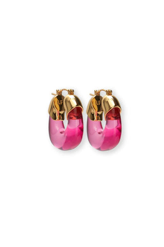 Lizzie Fortunato Mini Organic Hoops Flamingo pink resin hoop earrings with gold hardware Monkee's of the West End