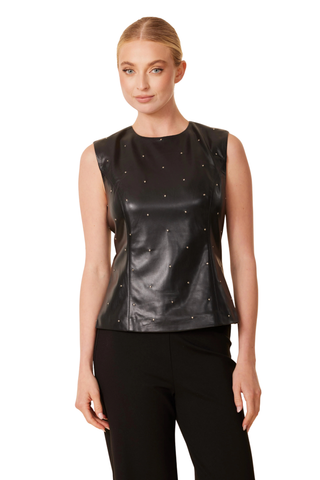 Faux Leather Studded Top, Black