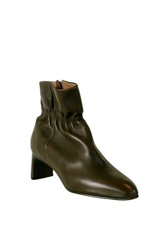 Softwaves Prada Bootie in Chocolate featuring a sleek brown ankle silhouette, softly pointed toe, and block heel.
