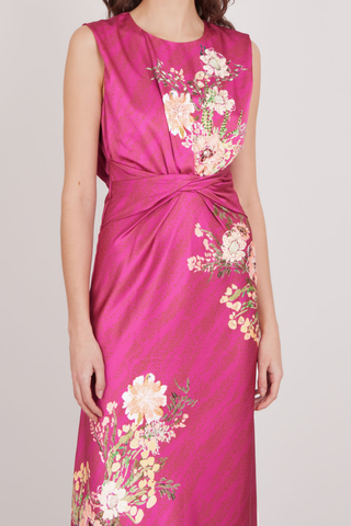 SALONI Gwen Dress in Aster Bouquet featuring a vibrant pink ground, floral detailing, sleeveless bodice, and elegant midi-length skirt.