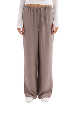 Taupe wide leg drawstring pants in a lightweight linen blend by Nude Lucy