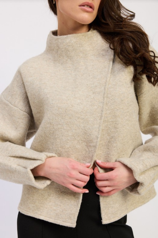 Taupe Palazzo Cardigan with high neckline, long sleeves, and relaxed overlapping front.