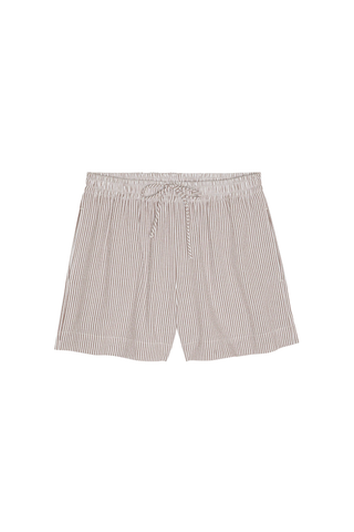 Model wearing the Nation LTD Josie Short in Praline Stripe, a lightweight striped seersucker short featuring an elastic drawstring waist, relaxed fit, side pockets, and a breezy warm-weather silhouette.