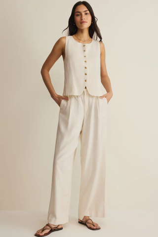 Z Supply Roman Linen Vest in Cloud featuring a sleeveless silhouette, button-front detail, and lightweight washed linen blend fabric