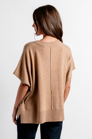 Kerisma Gwyneth Caroline Top in Camel featuring a relaxed poncho-inspired silhouette, crew neckline, and short sleeves.