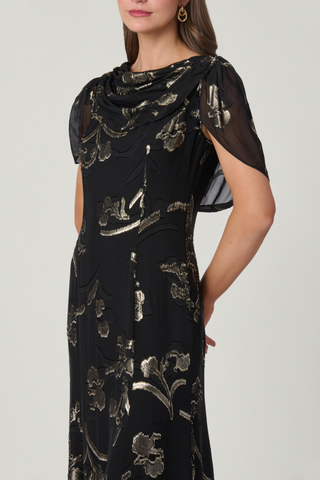 Shoshanna Annalynn Dress in Jet/Gold featuring black lurex chiffon with gold metallic detailing, a boat neckline, and draped cape overlay.