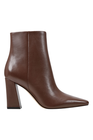 Marc Fisher LTD Yanara Bootie in dark brown leather featuring a square toe, high block heel, and sleek ankle silhouette.