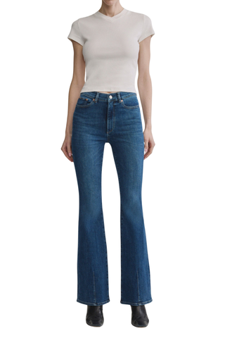 DL1961 Bridget Boot Jean in Night Diner featuring a high-rise bootcut fit, mid-blue wash, and subtle whisker detailing.