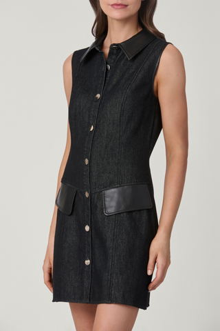 Shoshanna Jennings Dress in Jet featuring black mixed-media denim and faux leather, a collared neckline, button front, and patch pockets.