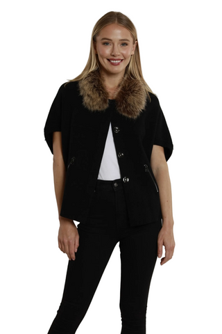 Dolce Cabo Sweater Shawl in Black and Chestnut featuring a black knit body, brown faux fur collar, short sleeves, and front pockets.