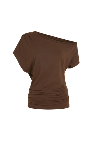 Ramy Brook Stella Top in Heritage Brown featuring an asymmetrical off-the-shoulder neckline, short sleeves, and softly draped fitted waist.